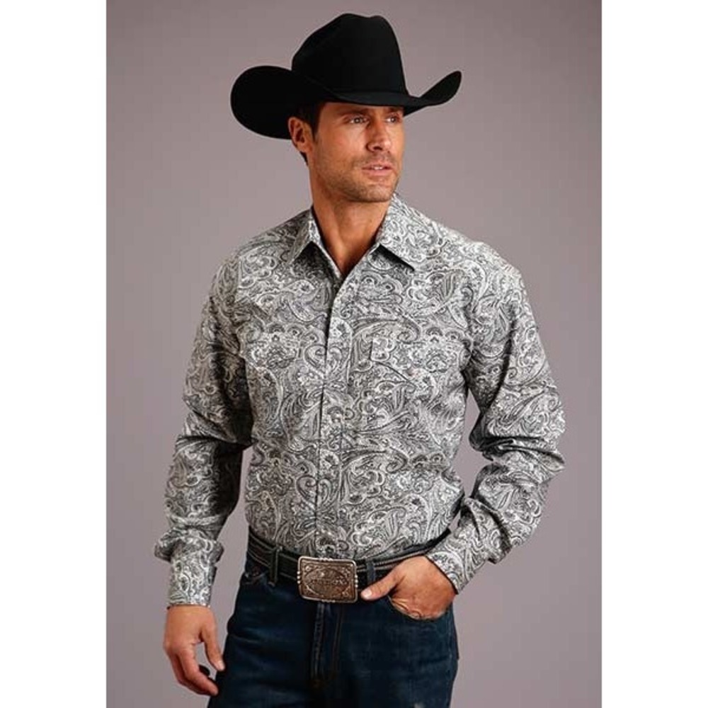 Stetson Western Pearl Snap Shirt Men Large Grey Paisley Cotton Cowboy Rodeo Boho